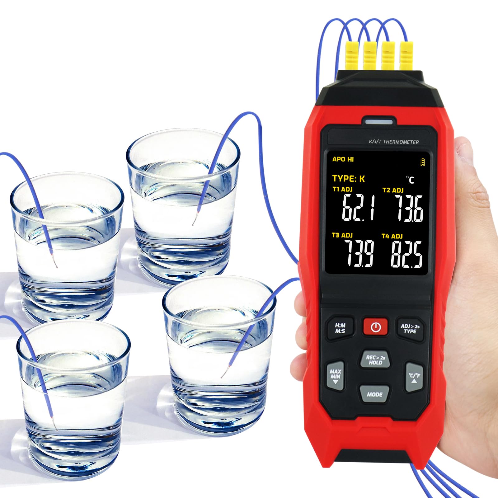 DataLogger 4-K Thermoelement-Thermometer Typ K/J/T Digitales Thermometer mit 5000 Gruppen von programmierbaren Temperaturdaten, die im Bereich von -328 ~ 1370 °C aufzeichnen