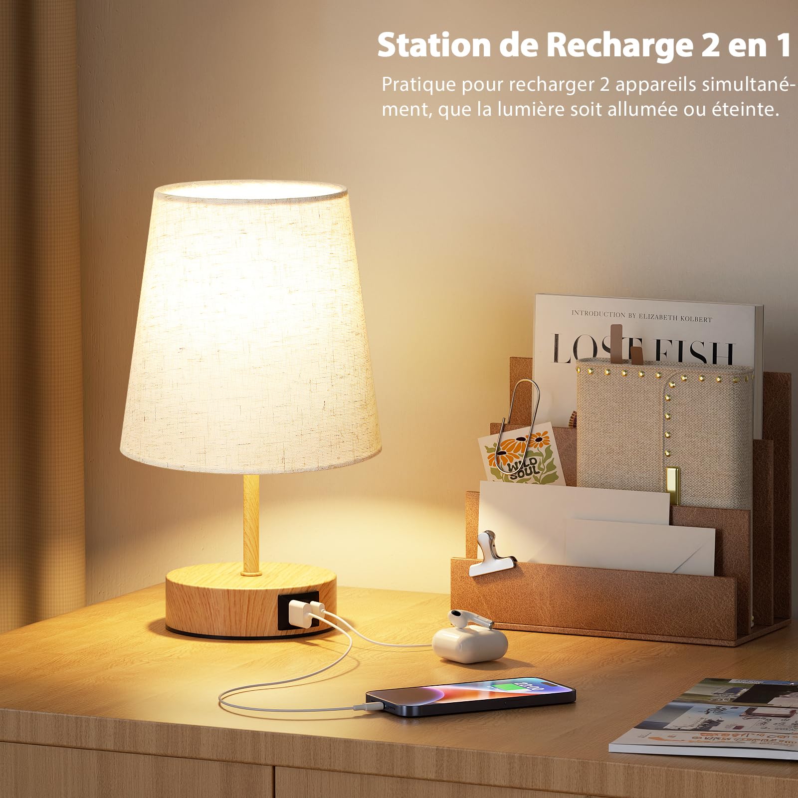 Lampe de Chevet Tactile avec Ports de Charge USB-C+A, Intensité Variable à 3 Voies, Abat-jour en Lin, Petite Lampe de Table pour Chambre Salon D'enfant Bureau(Ampoule Incluse)