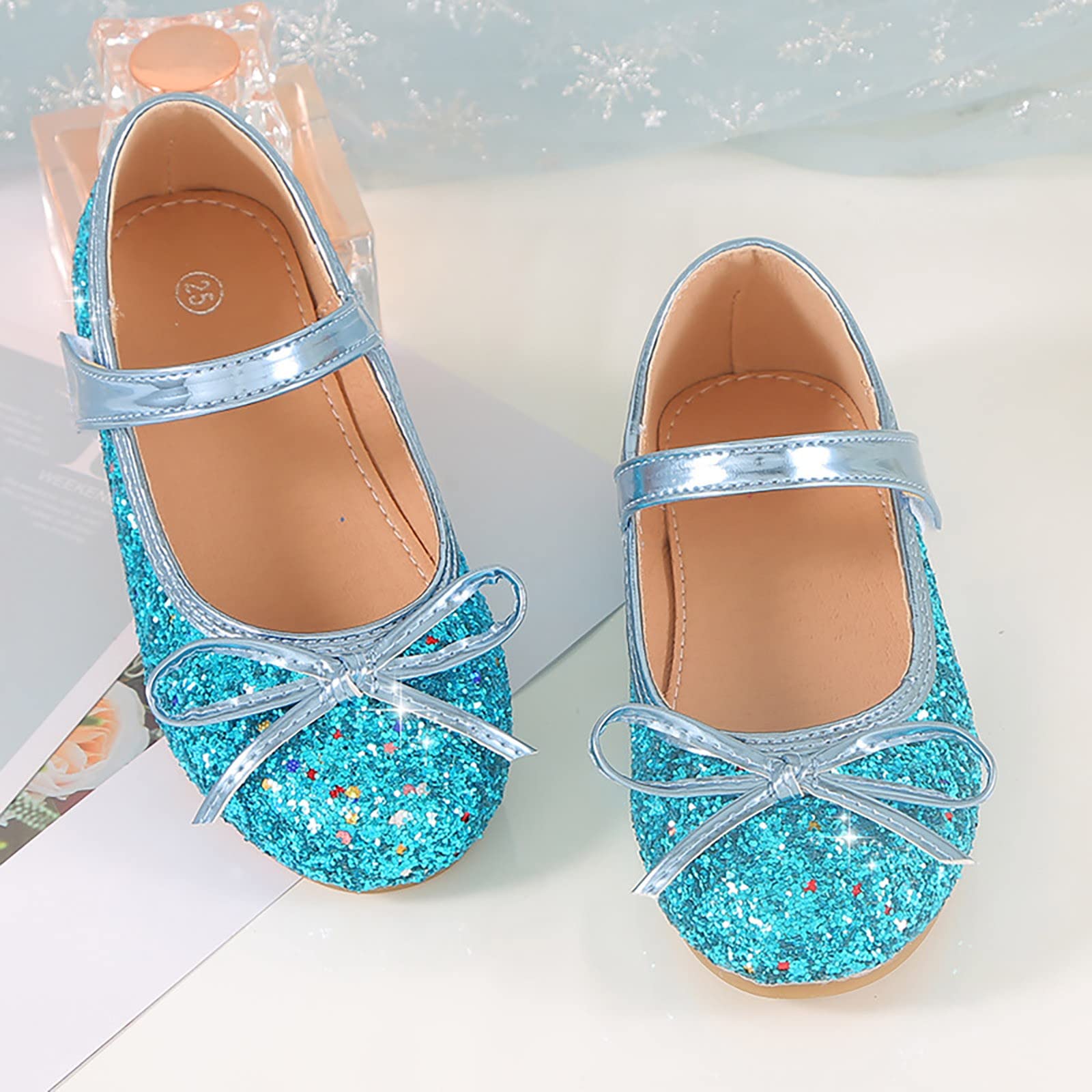 Children's Girls Wedding Shoes Flower Child Shoes Sequins Fine Glitter Bow Girl Princess Shoes (Blue, 13.5 Little Child)