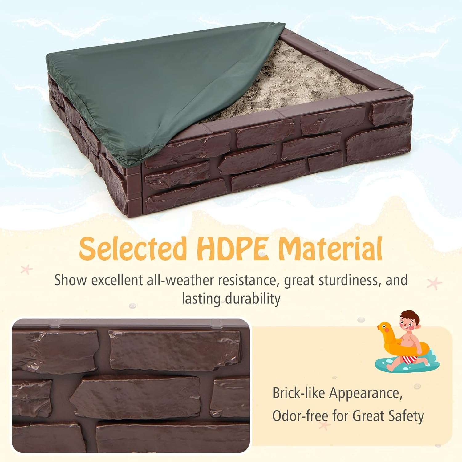 HONEY JOY Sandbox with Cover, 47 x 47 Inch Square Sand Pit for Backyard, Bottom Drainage Oxford Liner, HDPE Playful All Weather Resistant Sand Boxes for Kids Outdoor with Lid (Brown)