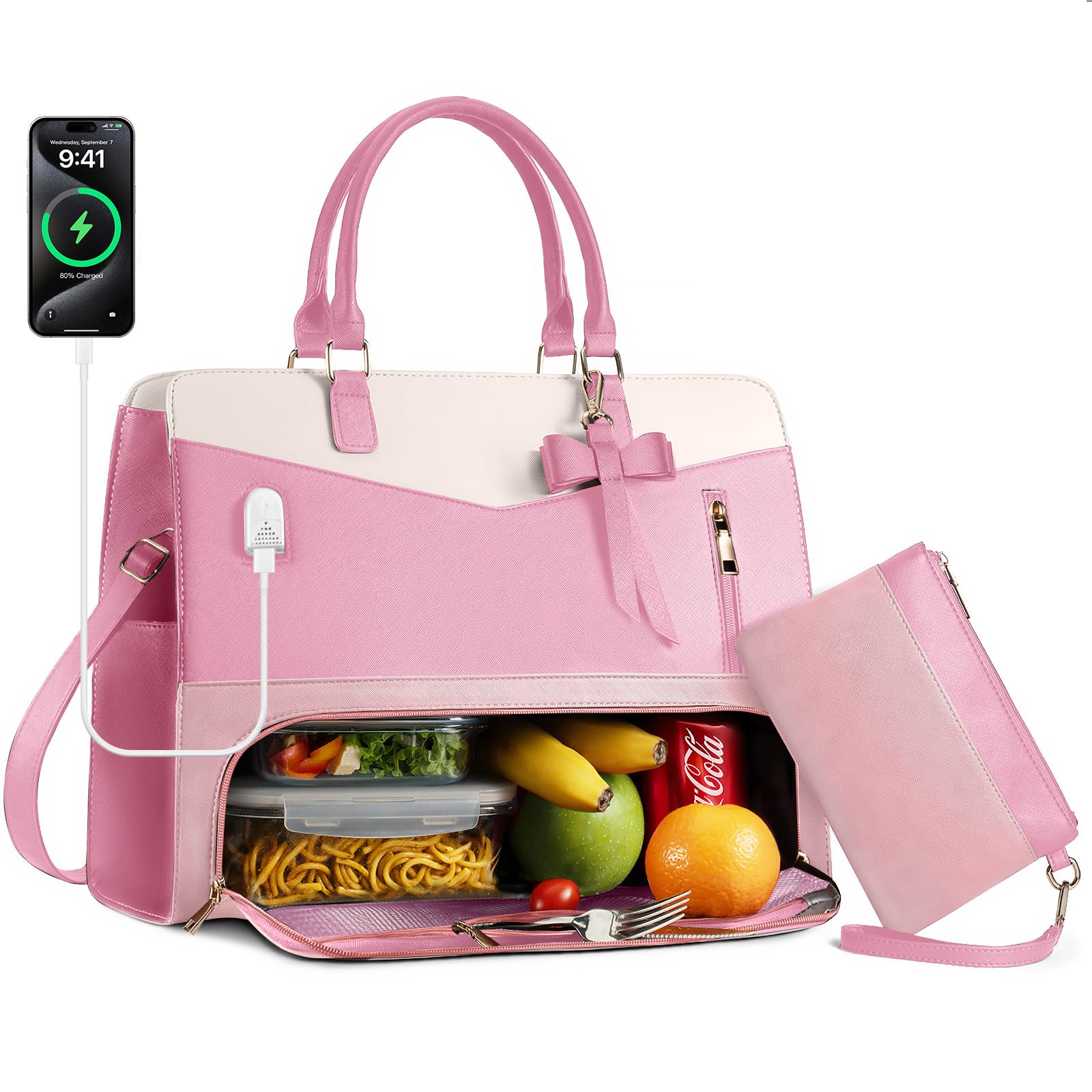 Lunch Tote Bag for Women 2 in 1 Laptop Work Bag with Lunch Insulated Compartment and Purse Combo Waterproof PU Leather 15.6 Inch Computer Shoulder Bag for Daily, Office, Picnic