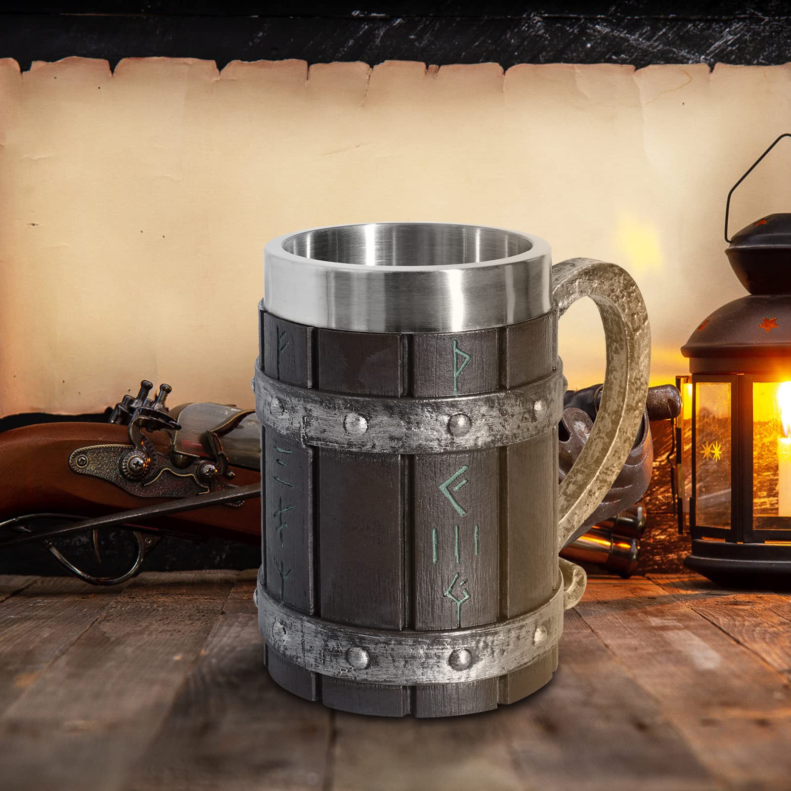 Nordic Viking Rune - Boccale da birra, in legno di quercia, misura grande, con acciaio inox, legno e resina, 3D, per uomini, regalo per la festa del papà, 550 ml