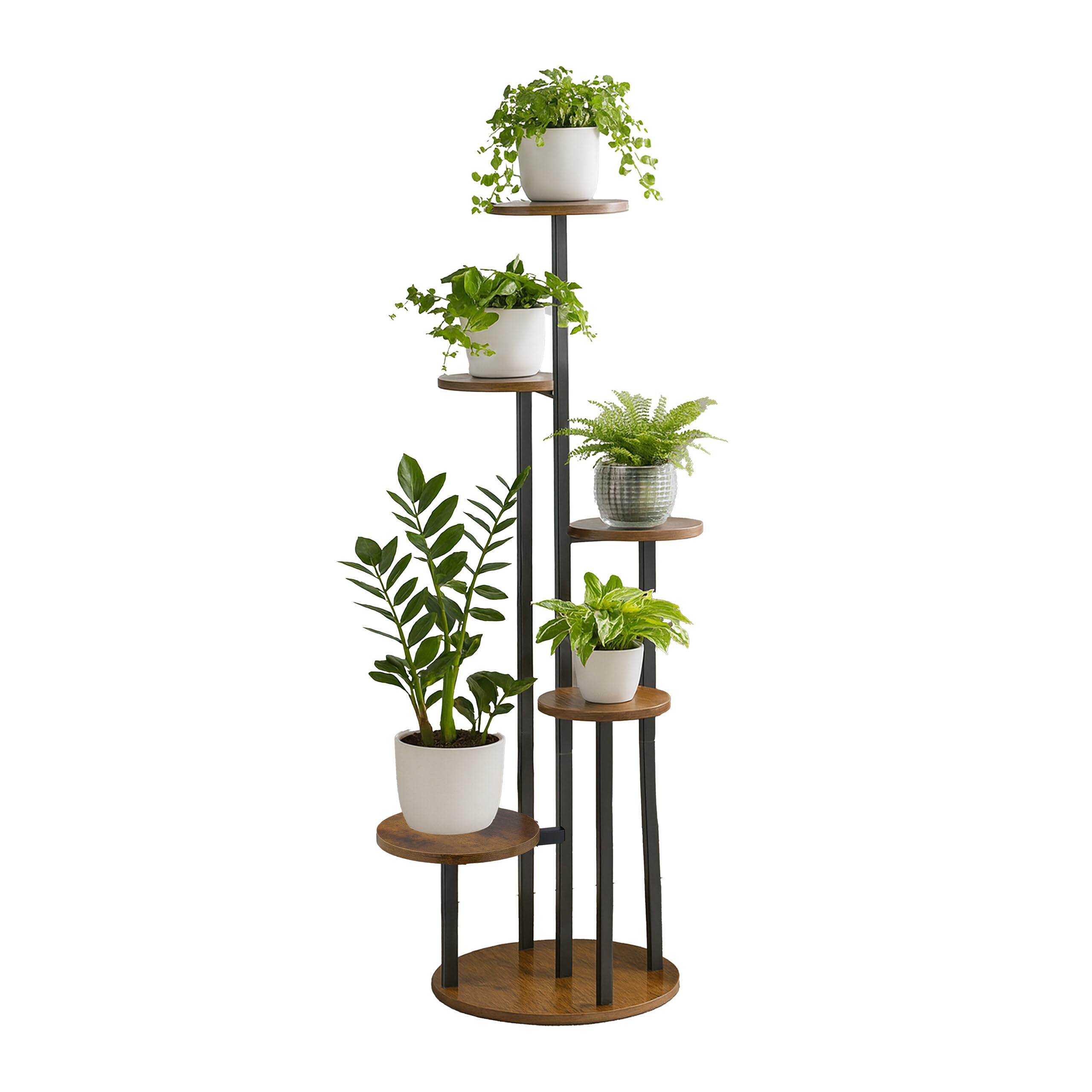 Relaxdays Étagère à Plantes, 5 emplacements, Fer et MDF, H x L x P : 118,5 x 58 x 58 cm, Noir et Marron