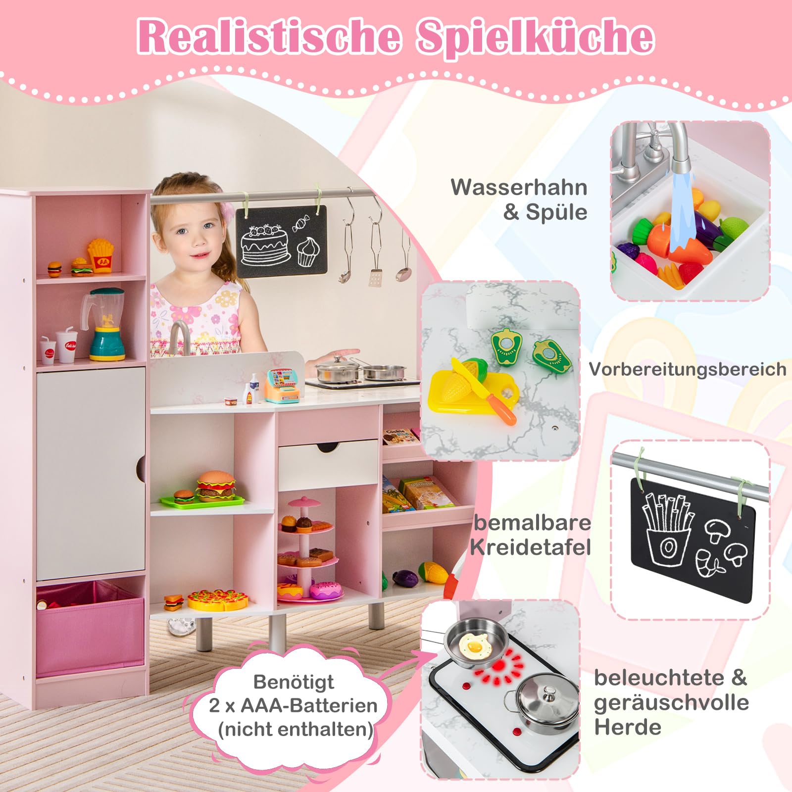 COSTWAY 2 in 1 Kinderküche & Kaufladen, Spielküche mit Licht und Sound, interaktiver Eismacher & Tafel, inkl. 82 Zubehörteile, doppelseitig, Spielzeugküche für Kinder ab 3 Jahren