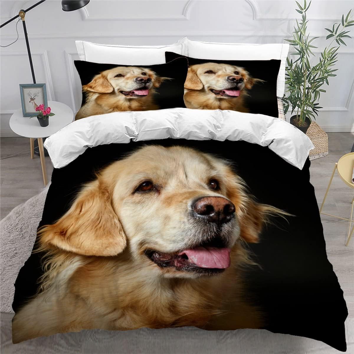 MEVASA Golden Retriever Bedding Double Bed Set Microfiber Teenager Bedding Animal Dog Black 3D Bedding Set for Small Double 3Pcs Anti Allergic Double Duvet Cover Set with Zipper /200x200
