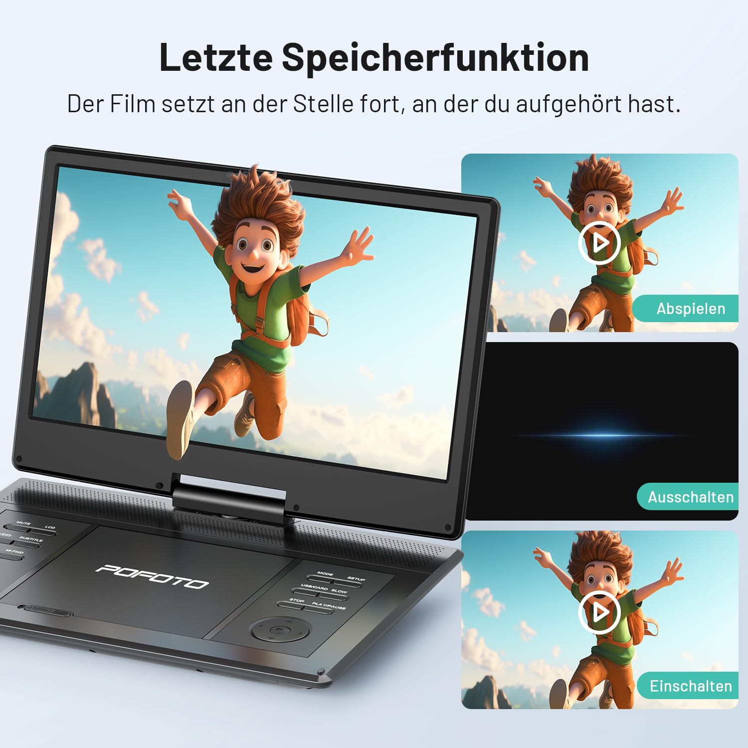 POFOTO 15,7" Tragbarer DVD-Player mit 14,1" HD-Schwenkdisplay, 6h Akkulaufzeit, Zonenfrei, Unterstützt Mehrere Formate/SD/USB, TV/Beamer-Anschluss, Stereo-Lautsprecher, Speicherfunktion, Schwarz