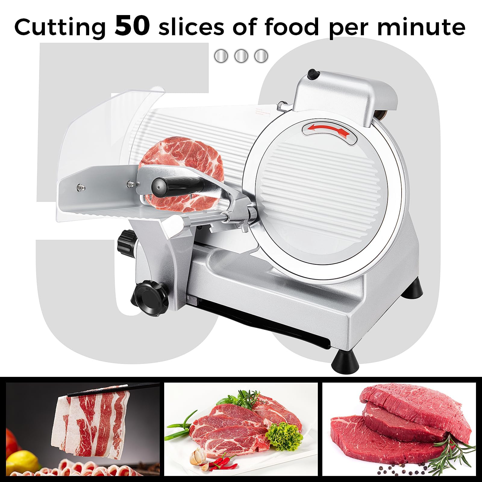 Cortador de carne de alta calidad, ideal para cortes delicatessen y más, hoja de 10 pulgadas, motor de 240 W, acero cromado, diseño semiautomático, para uso comercial y doméstico.