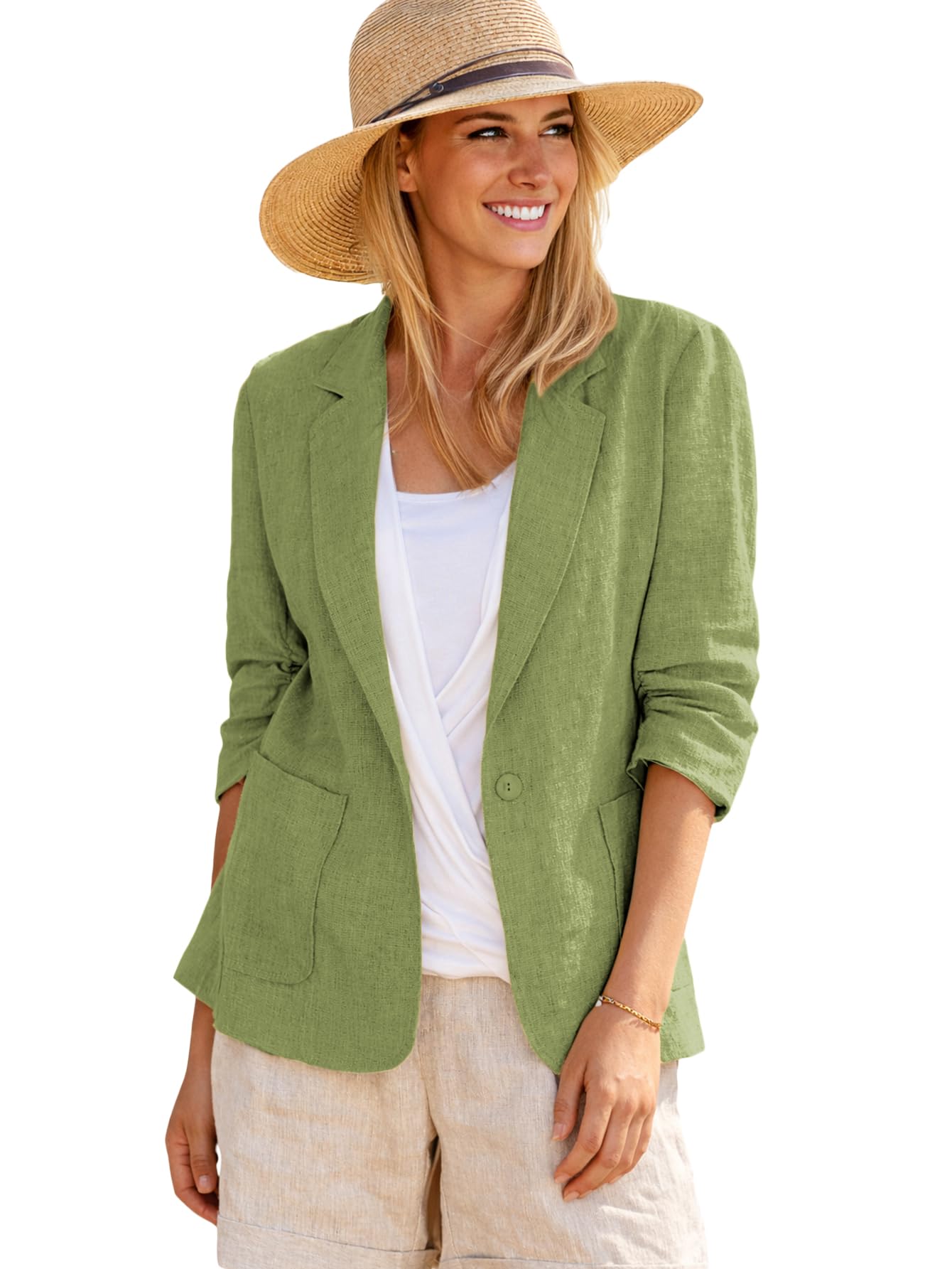 2026 Spring Linen Blazer Women - Lightweight 3/4 Stretchy Ruched Sleeve Fully-Lined Casual Work Jacket with Pockets