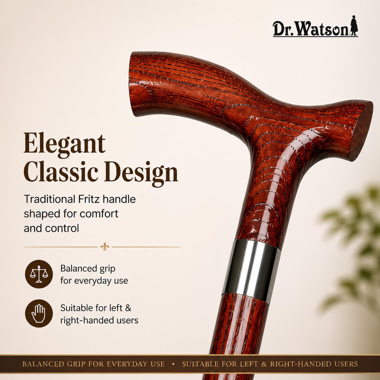 Dr. Watson Classic Fritz Walking Stick – Handcrafted Ash Wood Cane with Polished Stainless Steel Collar