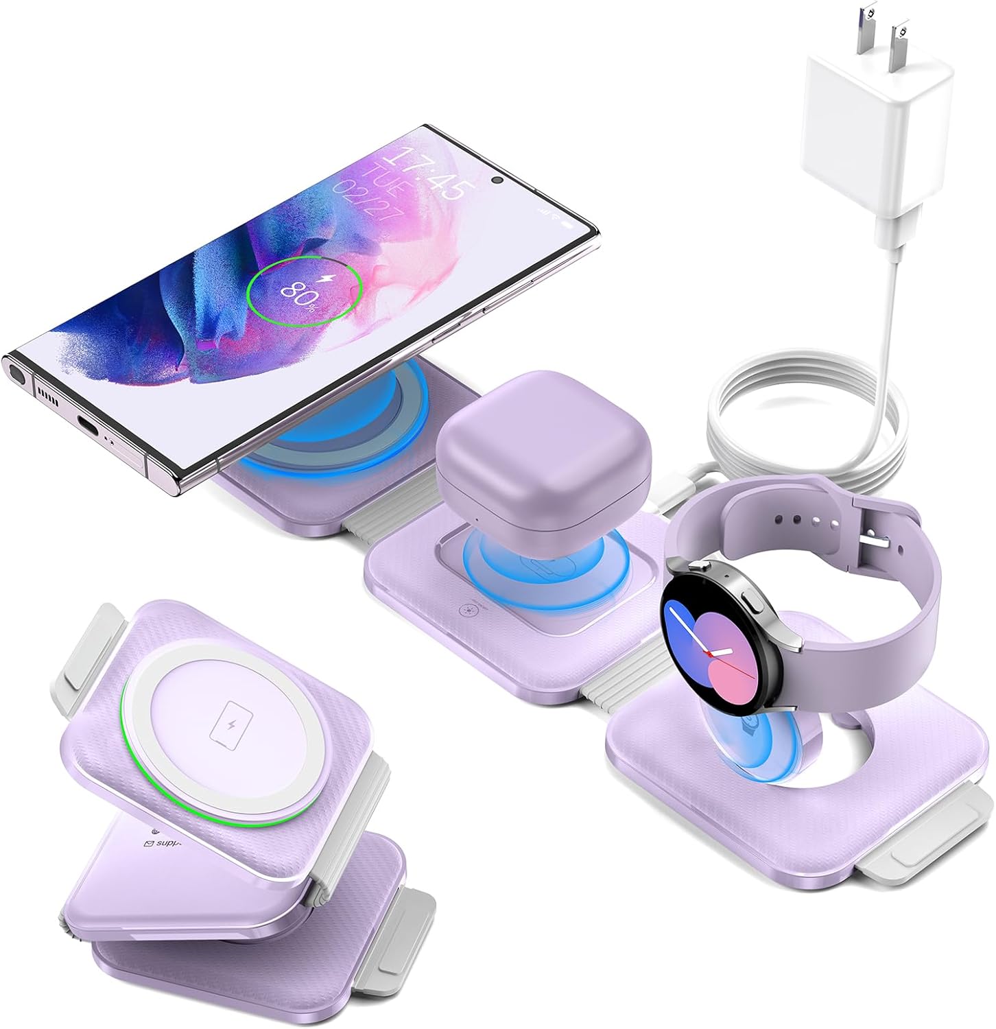 Pocket Wireless Charger for Samsung Android Phone, Foldable Travel Wireless Charging Station/Stand Compatible for Samsung S25 Ultra/S24/Z Flip 6/5, Watch Charger for Samsung Watch 7/Buds Pro3(Purple)