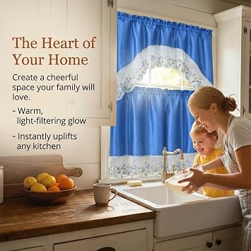 YHSF 3 Piece Kitchen Curtains Tier Set with Valance, Blueberry Blue