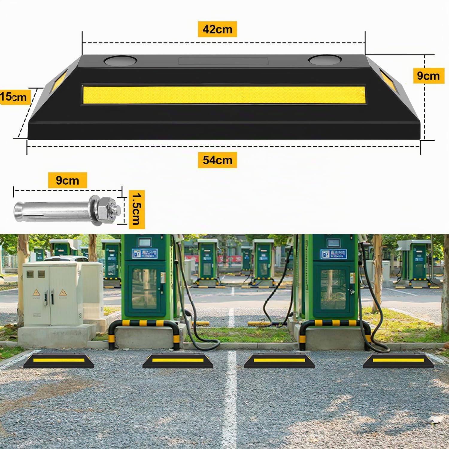 Fiqops 4 topes de goma para rueda de 54 x 15 x 10 cm, limitación de aparcamiento con bandas reflectantes amarillas, topes de aparcamiento con anclajes de expansión, ayuda para aparcamiento para garaje