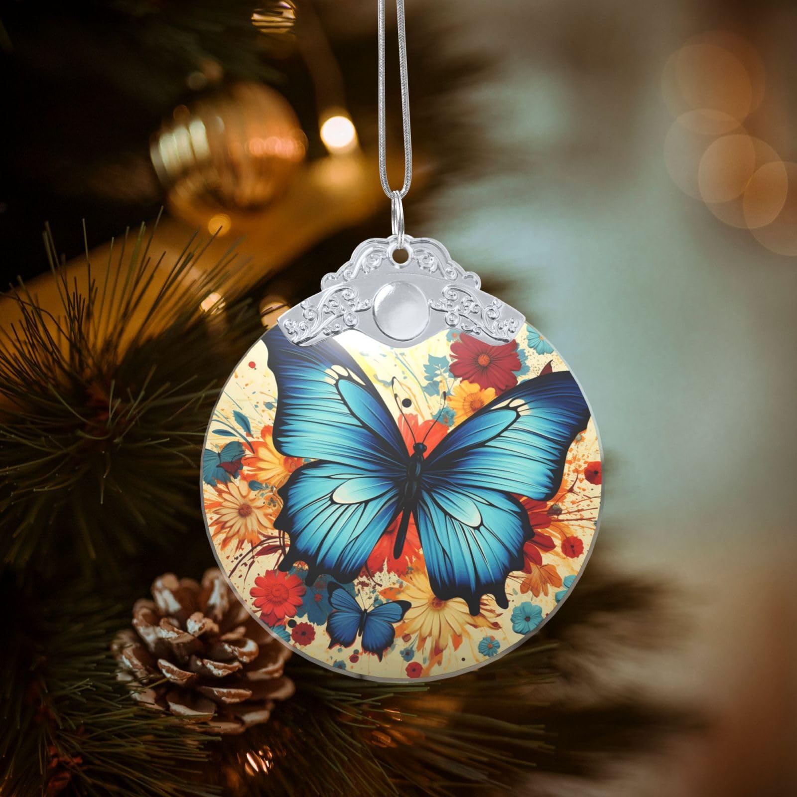 Crystal Christmas Ornaments for Christmas Tree Decoration Hanging Butterfly Ornament with Gold Ribbon Crafts Round Pendant for Keepsake Gifts Glass Xmas Decor Party Supplies