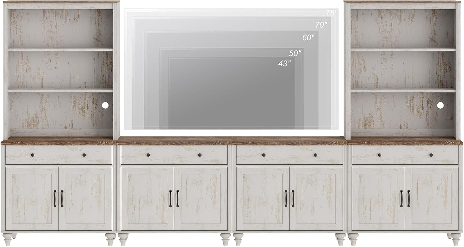 WAMPAT Entertainment Center with Bookshelves for TVs up to 75", Farmhouse Wall Unit TV Stand with 8 Doors & 4 Drawer, Media Console Table for Living Room, Bedroom & Home Theater, Rustic White