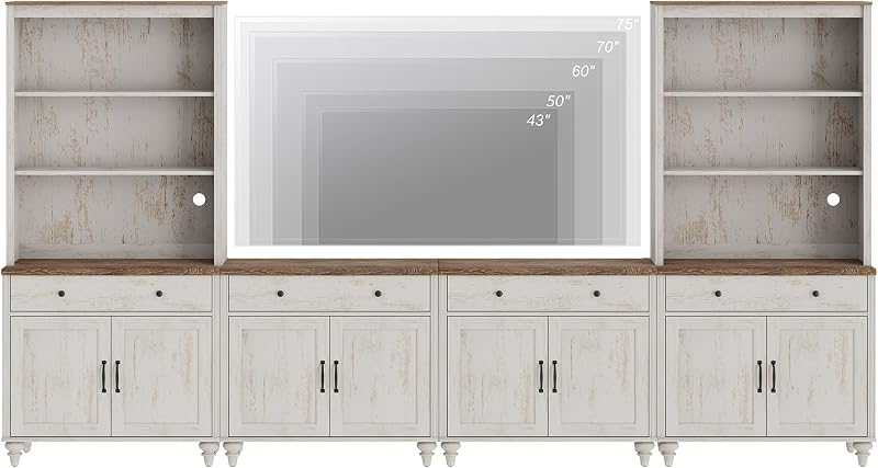 WAMPAT Entertainment Center with Bookshelves for TVs up to 75", Farmhouse Wall Unit TV Stand with 8 Doors & 4 Drawer, Media Console Table for Living Room, Bedroom & Home Theater, Rustic White image 5