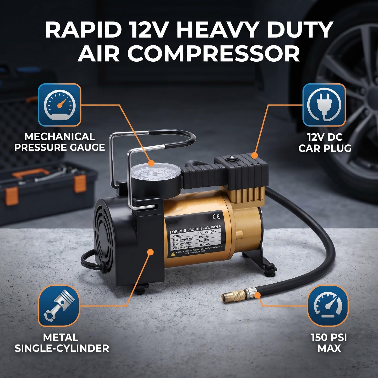 Compressore d'Aria Portatile, Gonfiatore per Pneumatici per Auto 12V 150 PSI con Manometro Analogico, Sostituzione per Pneumatici per Auto, Bici, Palloni Sportivi (Stile rotore)