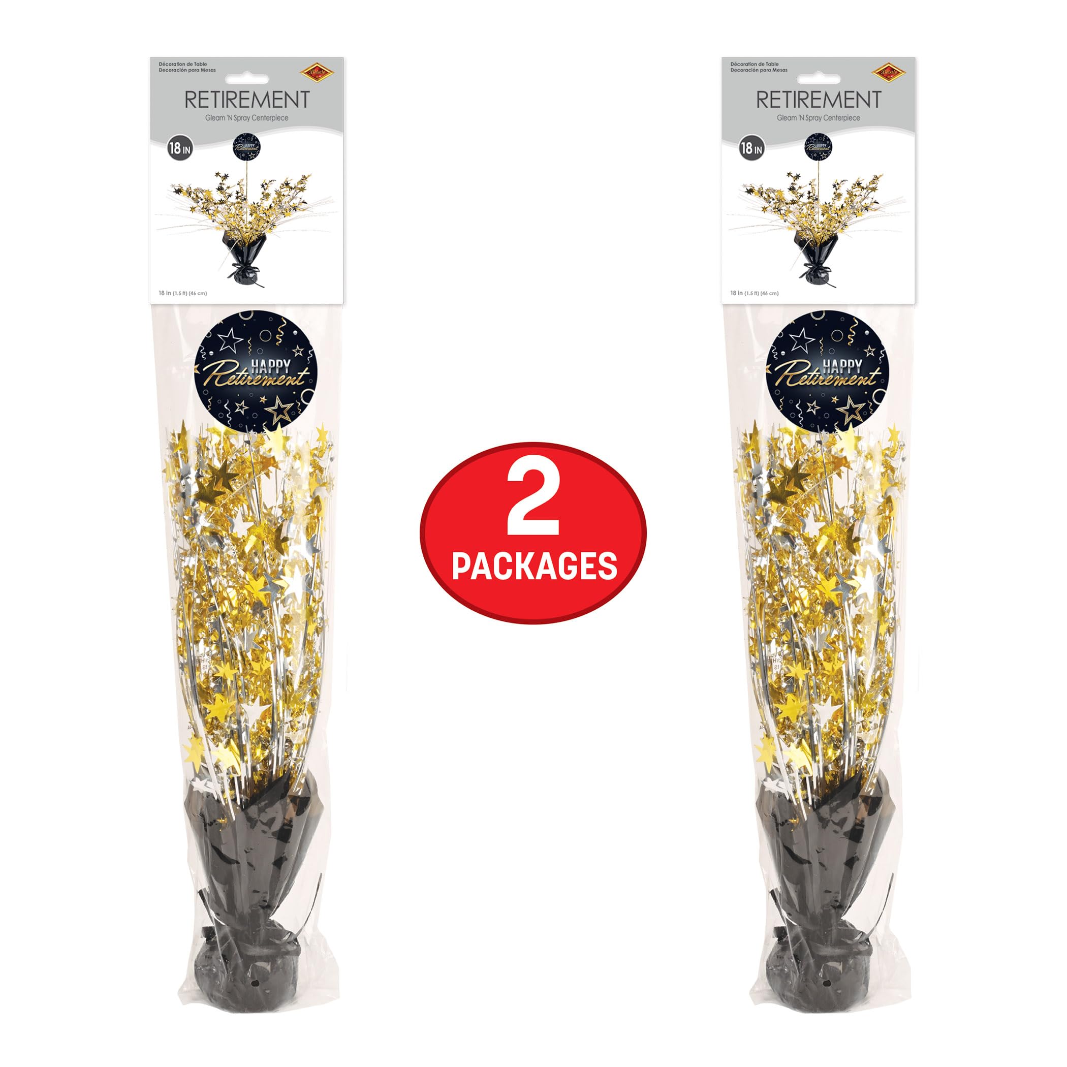 Beistle Happy Retirement Gleam 'N Spray Centrotavola – Confezione da 2 centrotavola in metallo nero oro e argento, decorazioni per feste per banchetti, invii in ufficio, eventi celebrativi pietra
