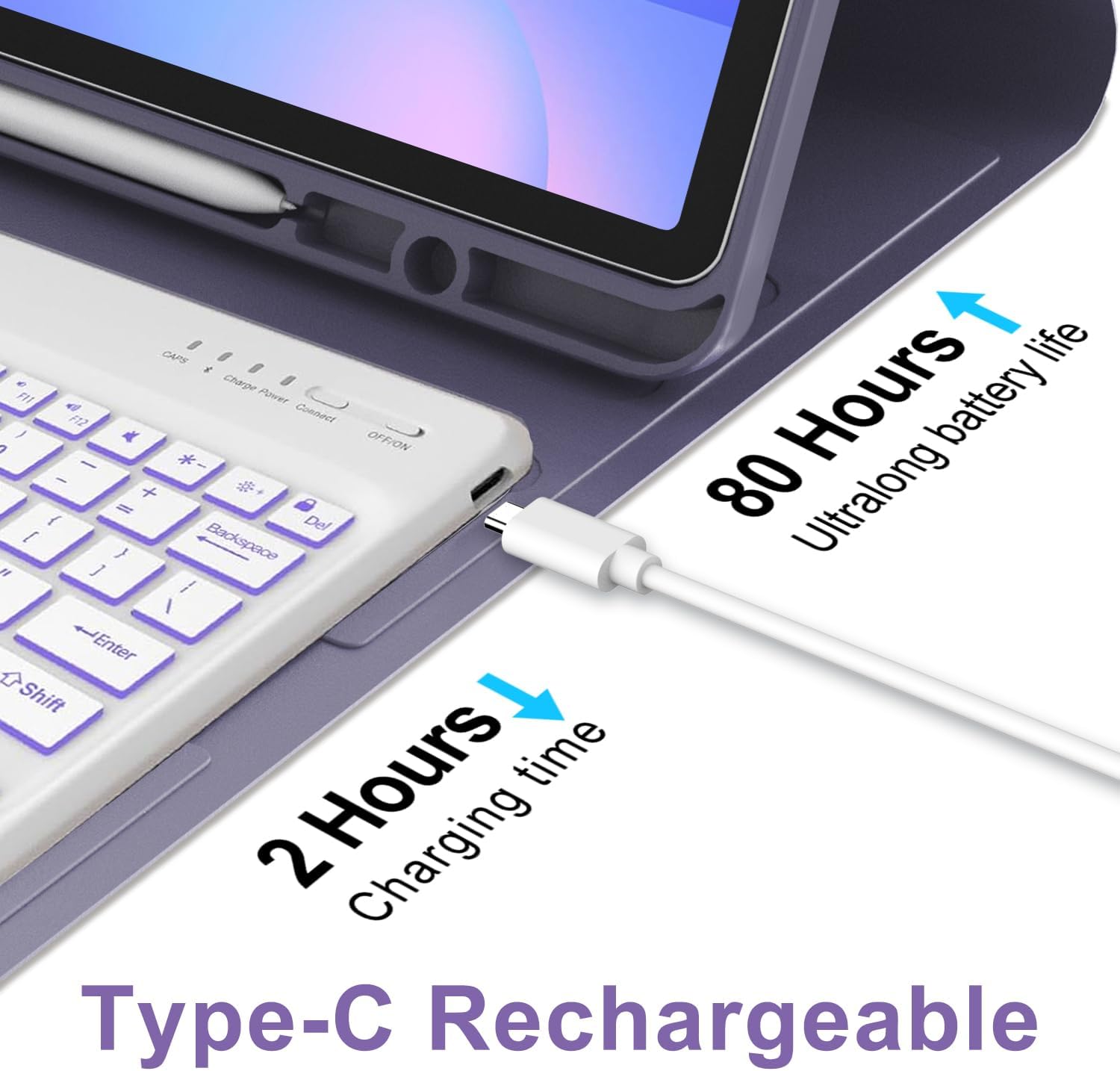 Keyboard Case for Samsung Galaxy Tab S10 Lite/ S10 FE/ S9 FE 10.9 Inch/Tab S9 11 Inch with S Pen Holder, 7 Color Backlit Detachable Wireless Bluetooth Keyboard with Stand Cover Case, Lavender