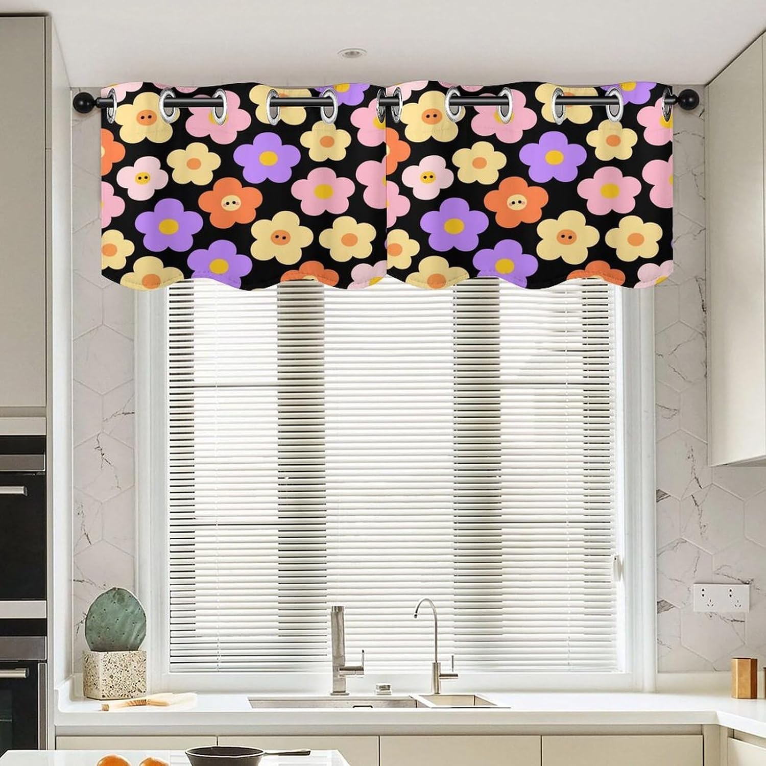Cartoon Flowers Curtain 2 Panels, Polyester Fiber, Blackout Insulated Window Curtain, Curtain Valance for Kitchen Dining Room Living Room Cafe Small Window 52 * 18.1 Inches