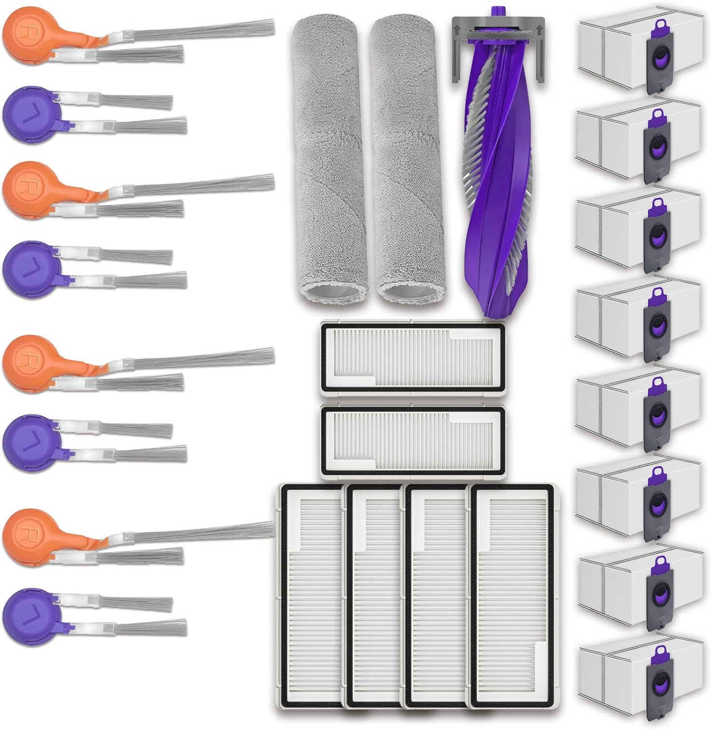 Replacement Parts for Narwal Flow Robot Vacuum Cleaner Accessories，8 Pack Side Brushes,1 Pack Main Brush,8 Pack Dust Bags,6 Pack Filters,2 Pack Roller Cloth (25 Piece Full Maintenance Kit)