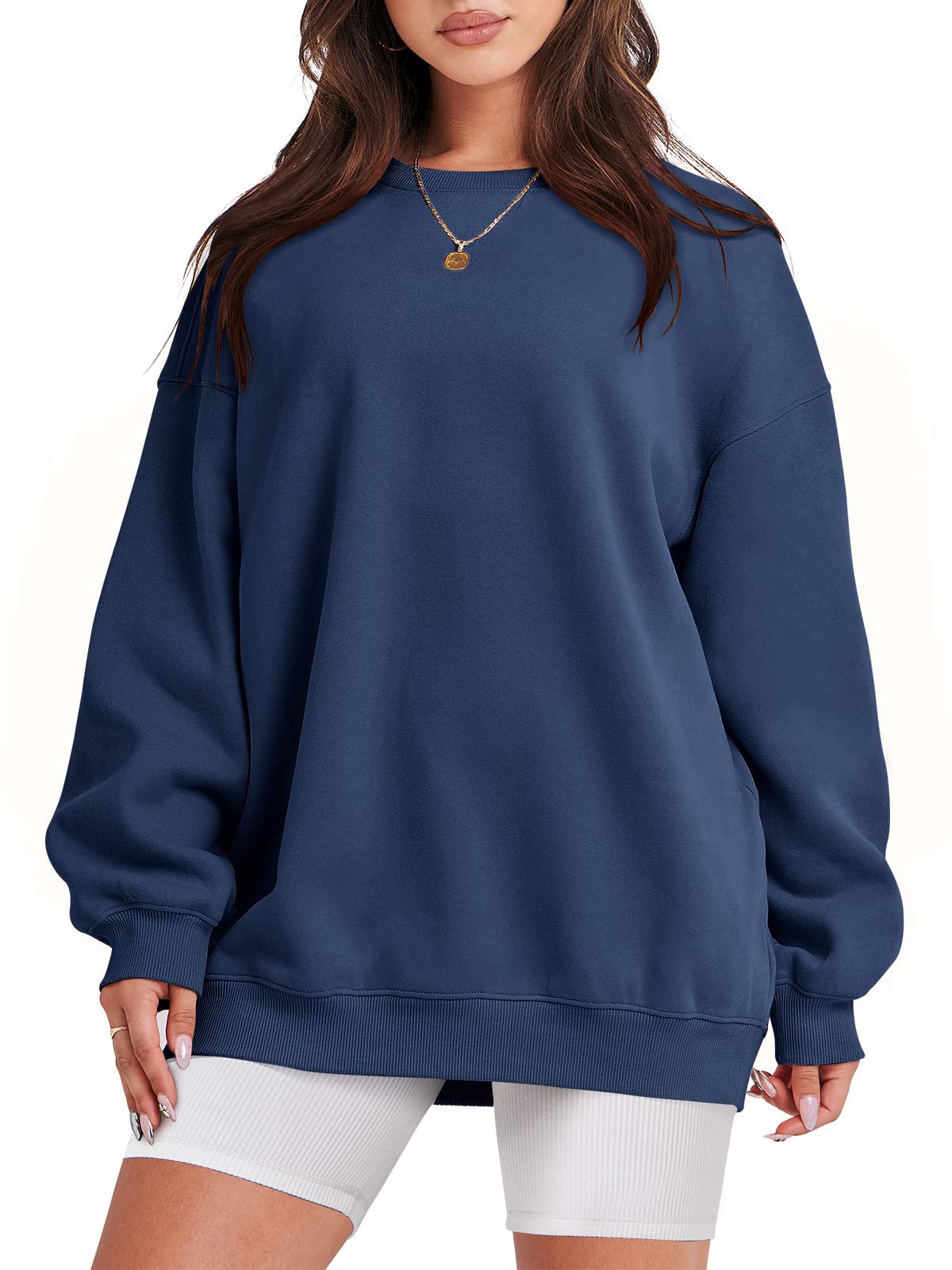 Damskie bluzy oversize bluzy z kapturem polar okrągły dekolt sweter top codzienne jesienne stroje preppy ubrania nastolatki 2024 A1019 światło, Jeden kolor, Navy Blue_XL
