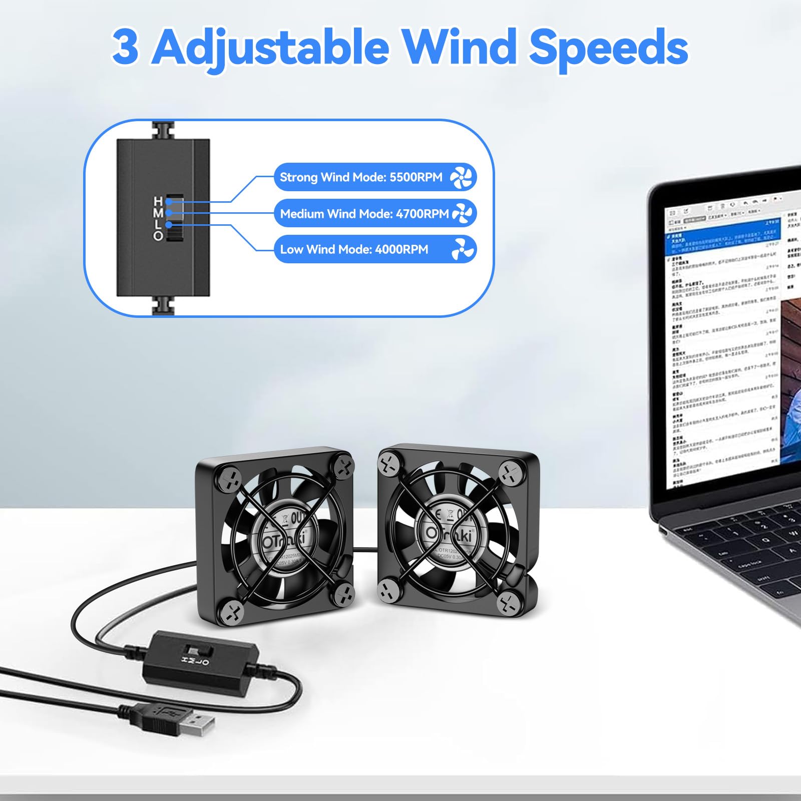 OTraki Nero Mini Ventilatore 40 x 40 x 10mm Doppio USB Ventola Portatile Compatto con 3 Velocità Regolabili per PS5 PC Laptop