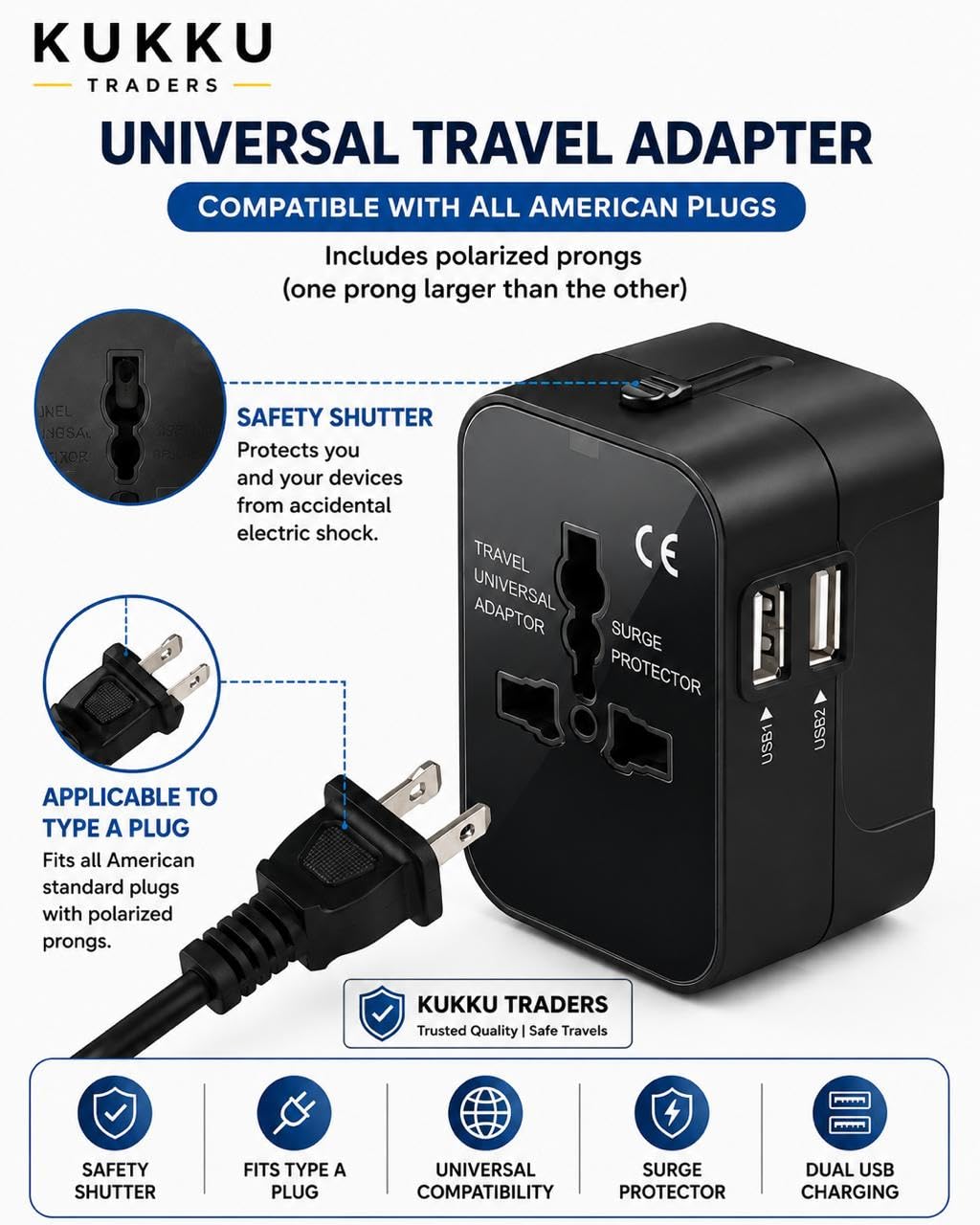 Universal Travel Adapter with Dual USB Ports, All in One International Plug Adapter for Worldwide Travel, US UK EU AU Compatible, Wall Charger for Phone Tablet Camera & Electronics, Black — Amazon image 2
