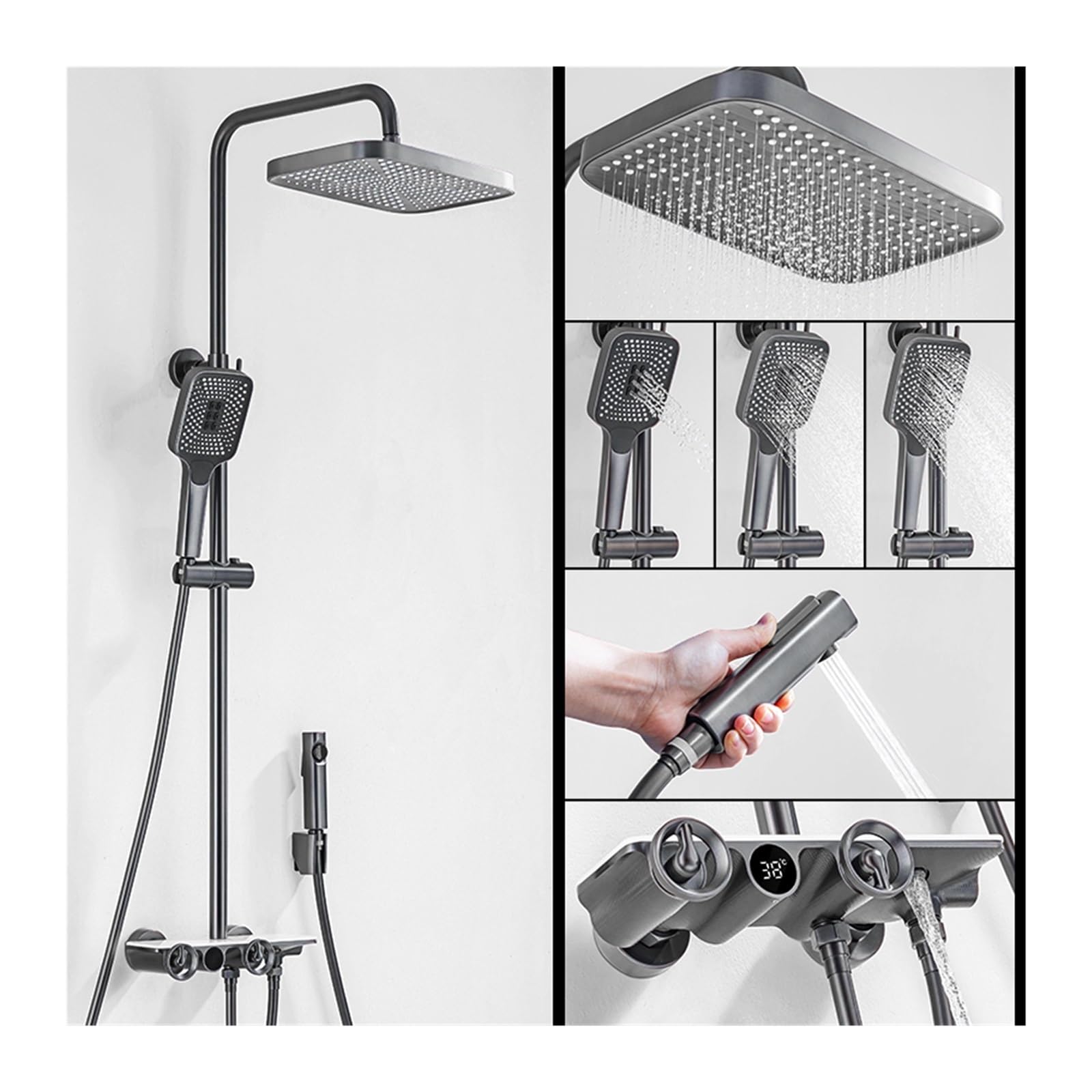 Soywim Gun Gray Shower System, Thermostatic Shower Faucets Sets,Digital Display Rainfall Systems With Spray Thermostat Tap With Shelf(Gun Gray)