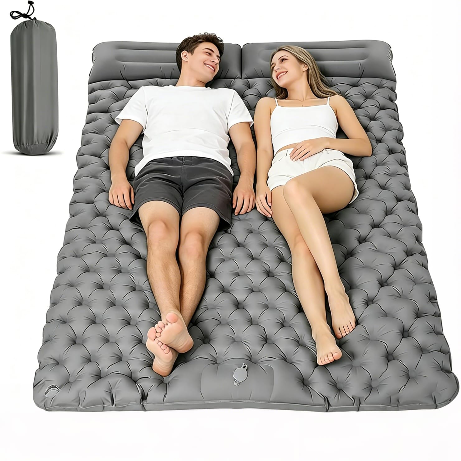 Double Sleeping Pad with Built-in Foot Pump, 10cm Thick Ultralight Inflatable Camping Mat, Camping Mattress for 2 Person, Portable Inflatable Sleeping Mat for Hiking Backpacking Tent Travel, Gray