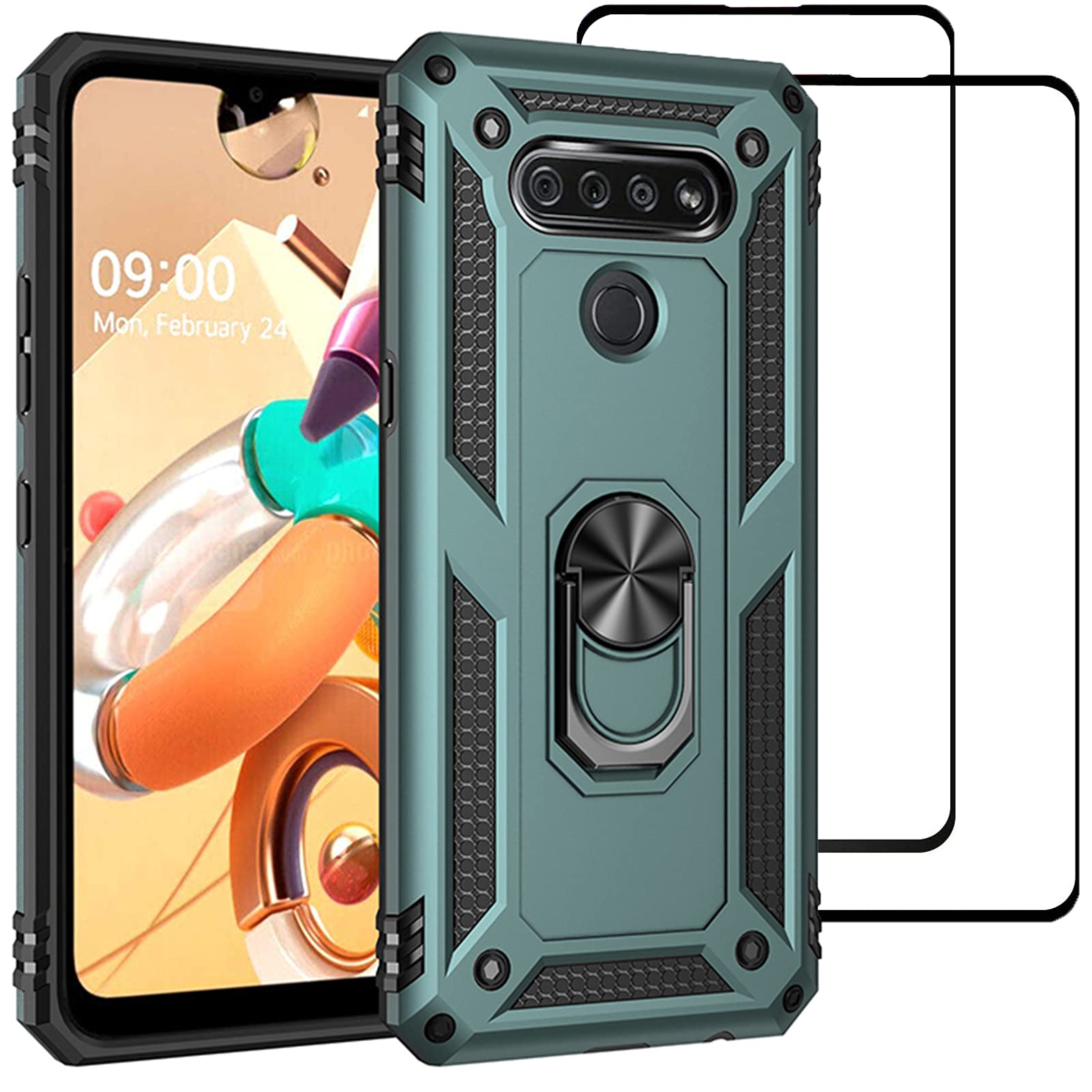 Case for LG K51 / LG Q51 and [2 Pack Screen Protector] Military Grade [360° Magnetic Ring Holder] Hidden Bracket Slim Tough Shockproof Armor Cover for LG K51 / LG Q51 (Green)