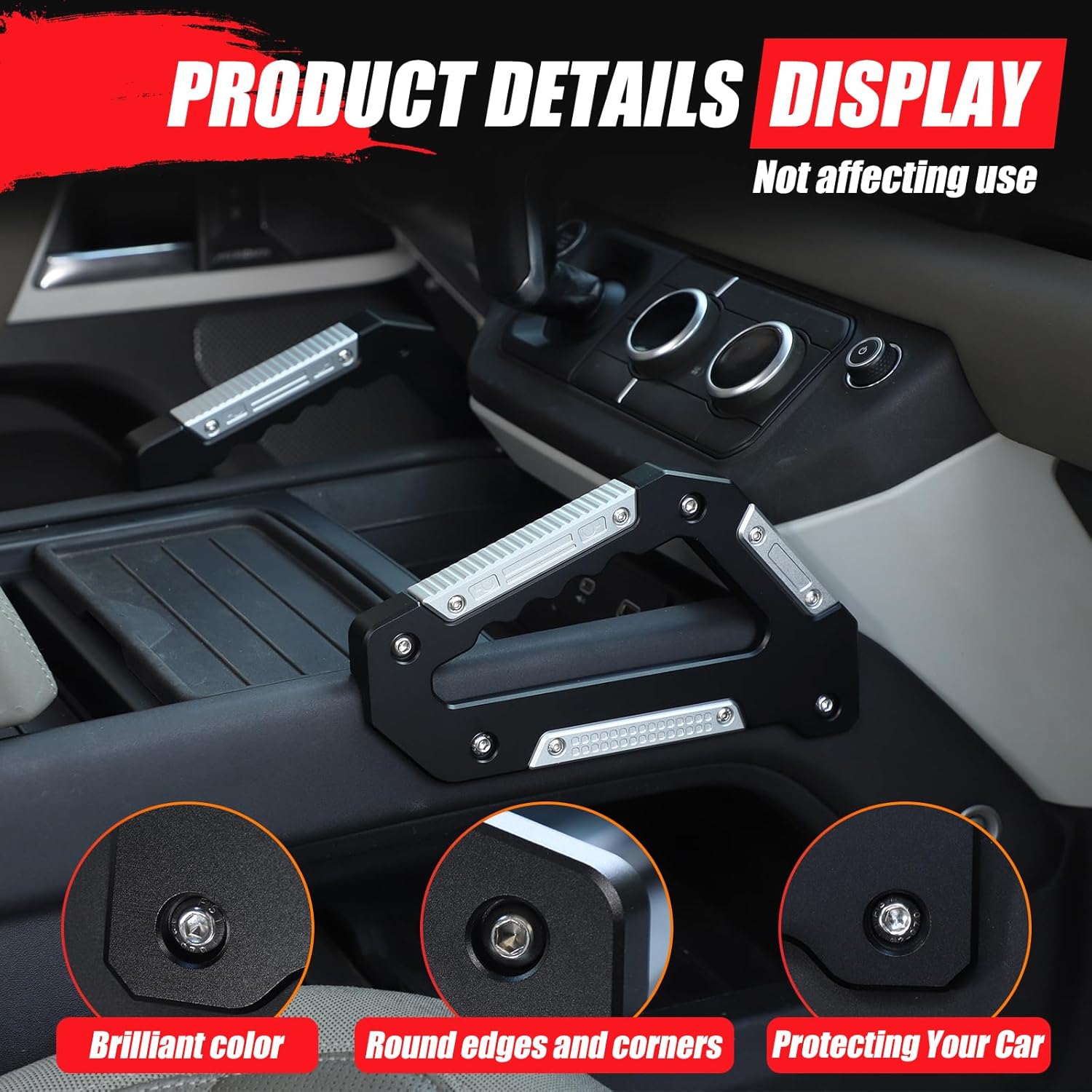 2PCS Central Control Grab Handles Compatible with Land Rover Defender 90 110 130 2020-2024 Aluminum Alloy Grip Handle for Armrest Both Side Interior Accessories (Black Silve)