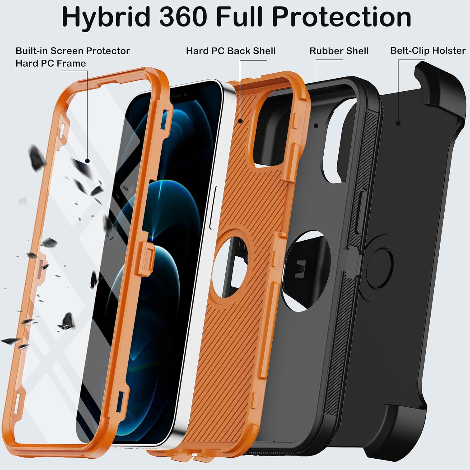for iPhone 12 Pro Max Case with Built-in Screen Protector,Belt Clip Holster,Heavy Duty Shockproof Drop Protection Military Grade Full Body Rugged Phone Cover with Kickstand (Black Orange) - Image 3