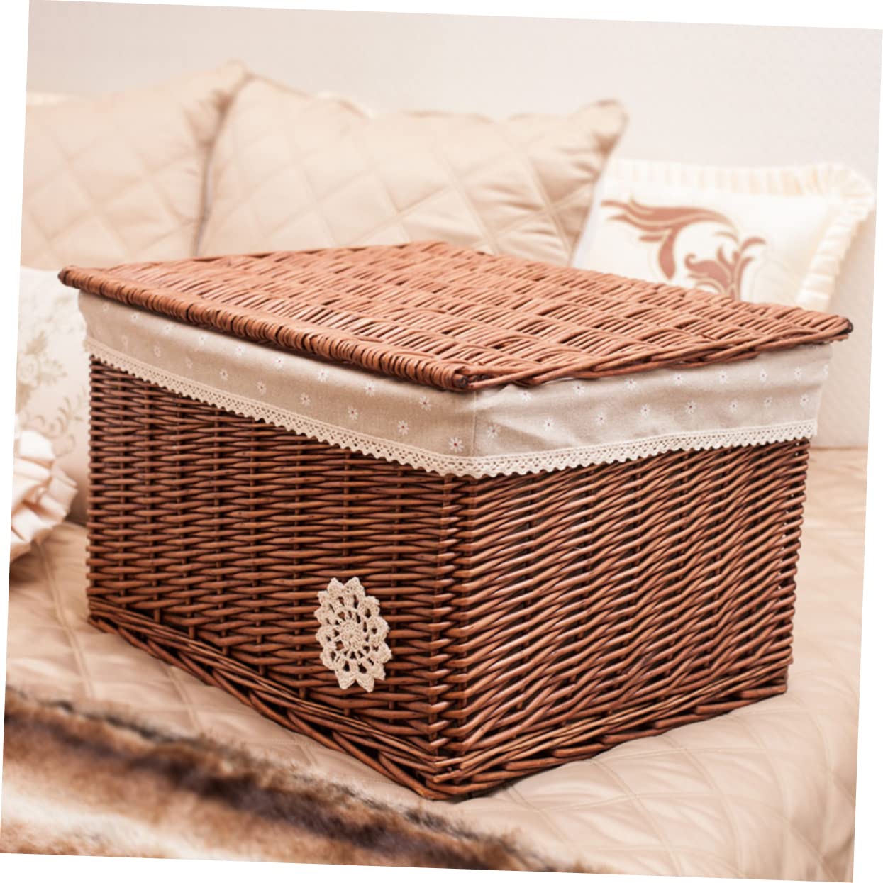 Scatola Portaoggetti in Vimini con Coperchio, Cestino Intrecciato | Cestino in Rattan con Coperchio, Soluzione Multiuso per Riordino, per Camera da Letto e Scrivania