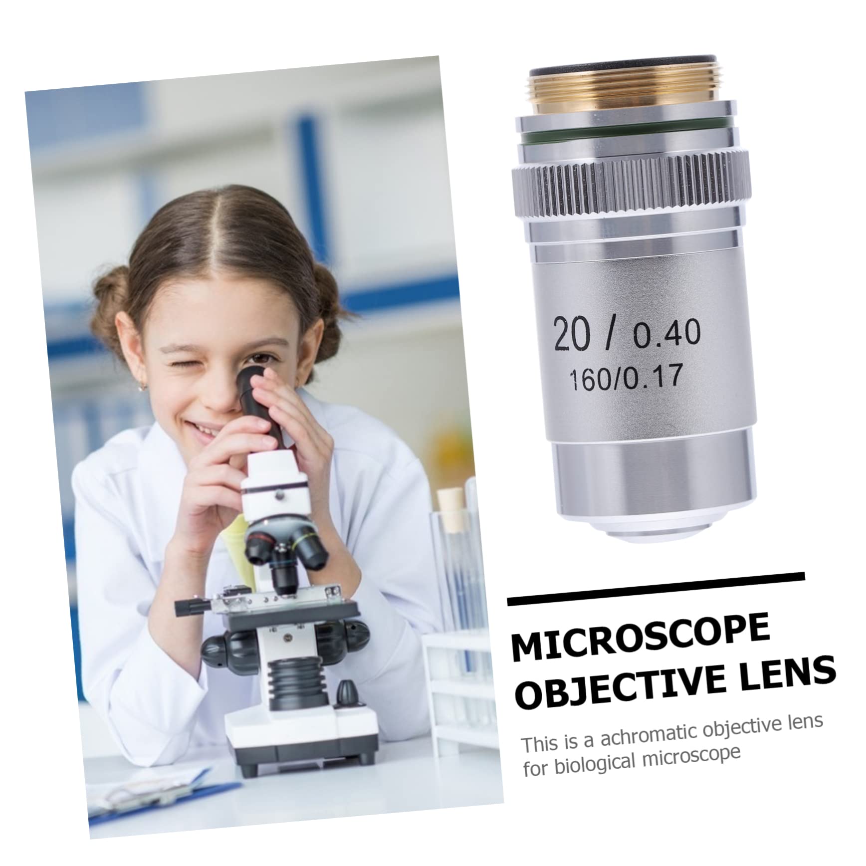 Lente Obiettivo Microscopio Acromatica 20x in Acciaio Argento | Montaggio Filettato Standard 20, 2mm, Distanza di Lavoro 0, 55mm, Apertura Numerica 0, 4mm