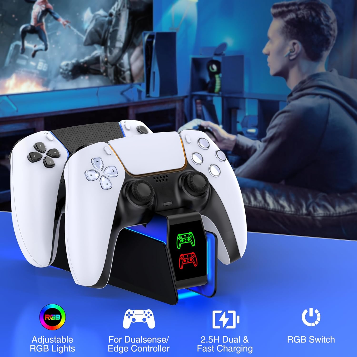 HELLCOOL PS5 Controller Charger, PS5 Charging Station for Playstation 5 Controller, PS5 Charger Dock for Dualsense Wireless/Edge Controller, PS5 Docking Station with 2-3 Fast Charging/Cool RGB Light 5 71VNEQQGnrL. AC SL1500