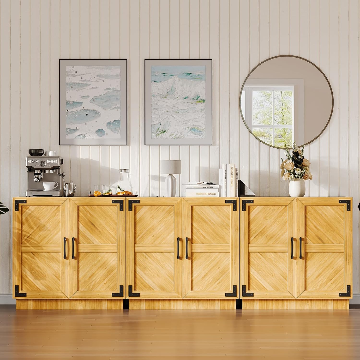 31.5" Modern Farmhouse Sideboard Buffet Cabinet with Doors & Adjustable Shelves, Minimalist Storage Credenza for Kitchen, Living Room, Entryway, Coffee Bar- Oak & Black Finish