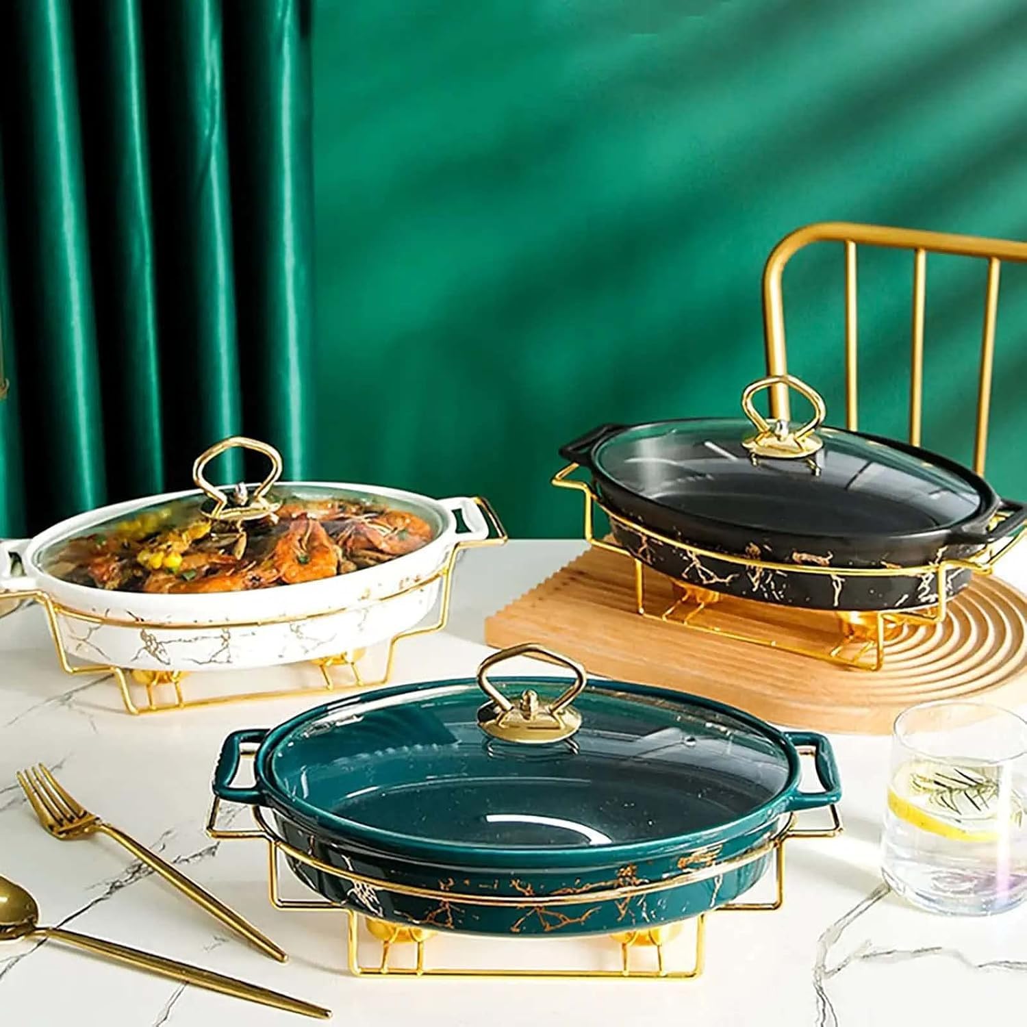 Juego de platos para bufé, de cerámica con acabado de mármol, calentador de buffet para bodas, fiestas, banquetes, eventos de catering