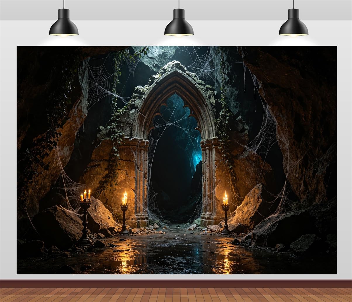 BELECO 6x3m Sfondo in tessuto Grotta Gotica Sotterranea Infestata | Grotta Ad Arco In Pietra Antica Luce Di Candele Ragnatela Sfondo Festa Halloween Telo Di Sfondo