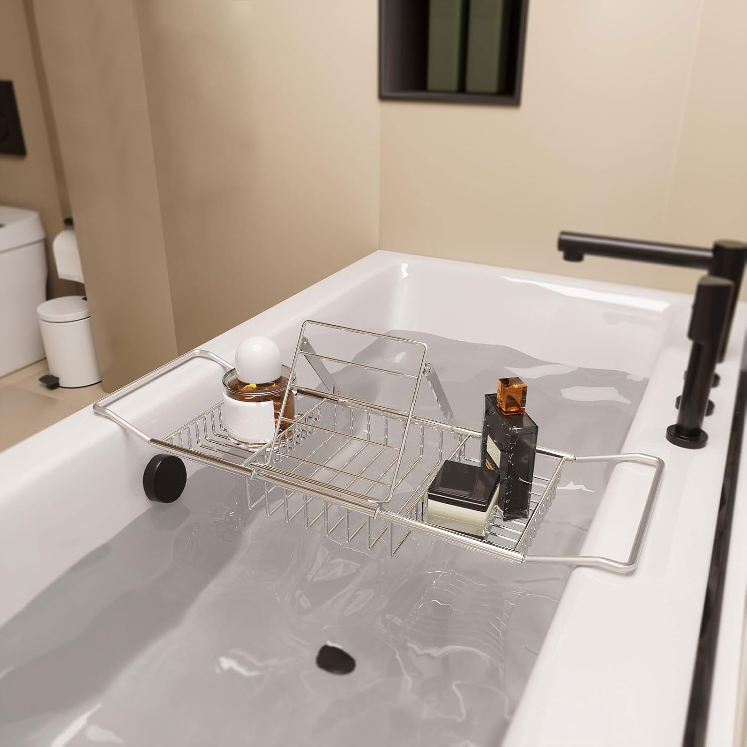 AIZYR Extendable Bath Caddy Tray Stainless Steel Bathroom Tray, Bathtub Tray Adjustable Tub Rack Bathroom Accessories for Tablet Or Cell Phone,Rose Gold