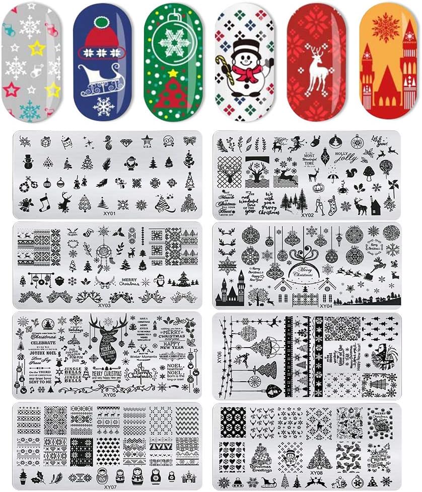 MIAHART8 Pcs Christmas Nail Art Stamp Plates Nail Stamping Templates Santa Reindeer Stocking Christmas Tree Stocking Pattern Image Plates for DIY Print Manicure Salon Nail Art Decorations