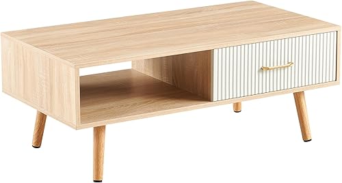 Miniatura 22 de IANIYA Mesa de centro bohemia con almacenamiento, mesa de comedor con cajón de ratán y patas de madera maciza, mesas centrales pequeñas para sala de
