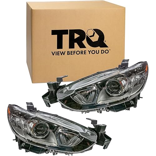 TRQ Driver and Passenger Side Headlight Assembly Set Compatible with 14-20 Mazda 6 Halogen Only