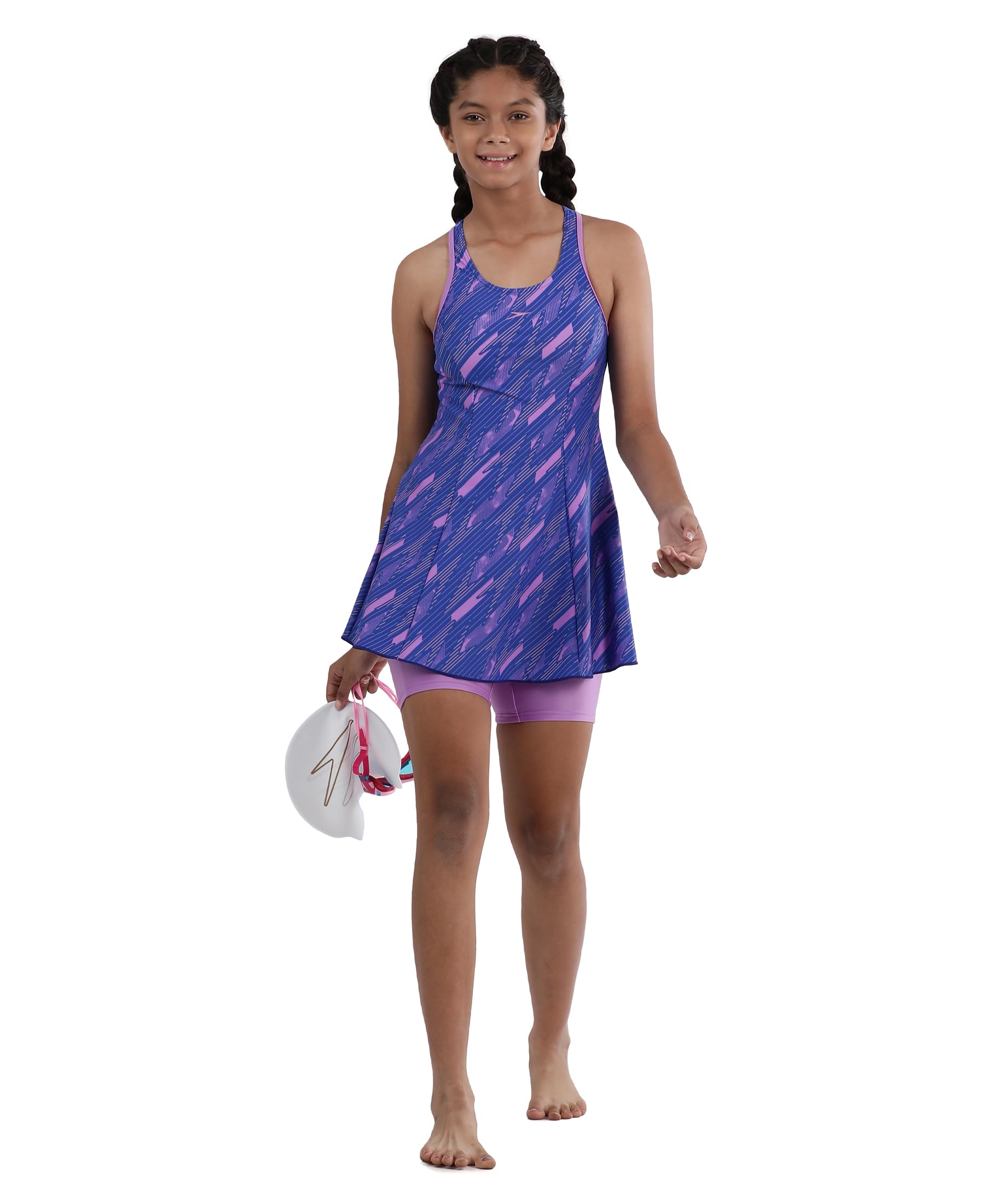 Speedo Girl's Endurance 10 High Chlorine Resistant UPF 40+ Sun Protection Printed Racerback Swimdress with Boyleg - Sweet Purple & True Cobalt 3