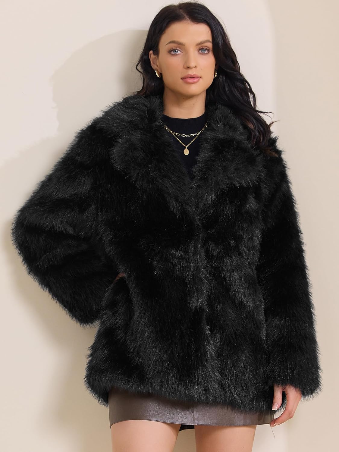 Allegra K Women's Faux Fur Party Coat Fluffy Fuzzy Shaggy Jacket Long Sleeve Lapel Winter Coat - Image 3