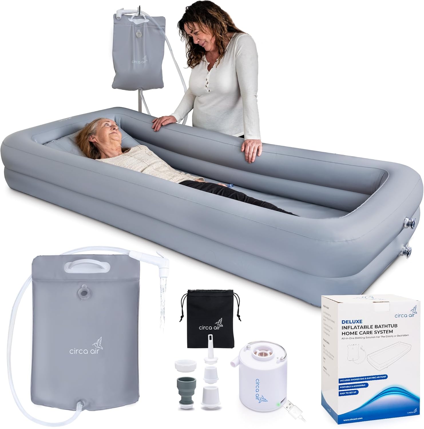 Circa Air Portable Bath Tubs Adults - Inflatable Bathtub with Bedside Shower Bag