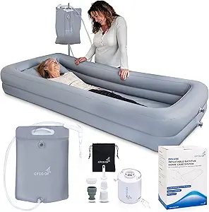 An inflatable basin for washing hair and body in bed.