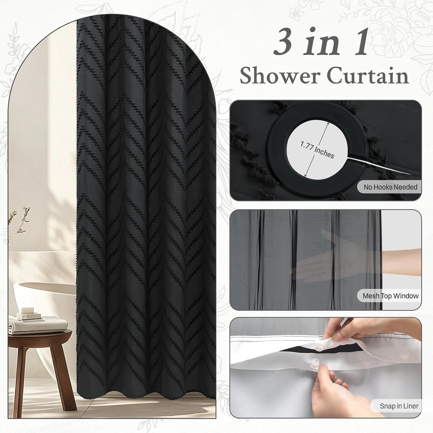WONICY No Hook Shower Curtain with Snap in Liner, Black Tufted Chevron Striped Shower Curtains for Bathroom, Waterproof & Washable, 71Wx74H