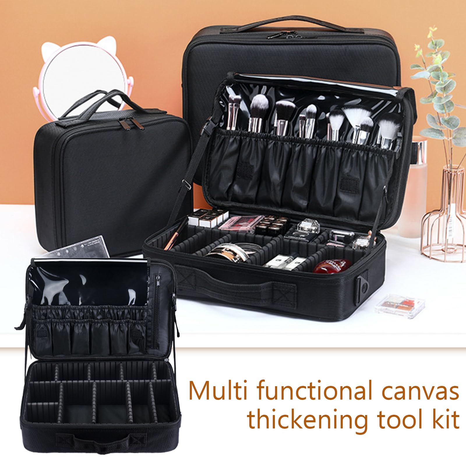 Make up Tasche, Zugetui, tragbarer Kosmetik Organizer mit verstellbaren Trennwänden, Oxford Stoff, Pinsel Aufbewahrung, Make up Box