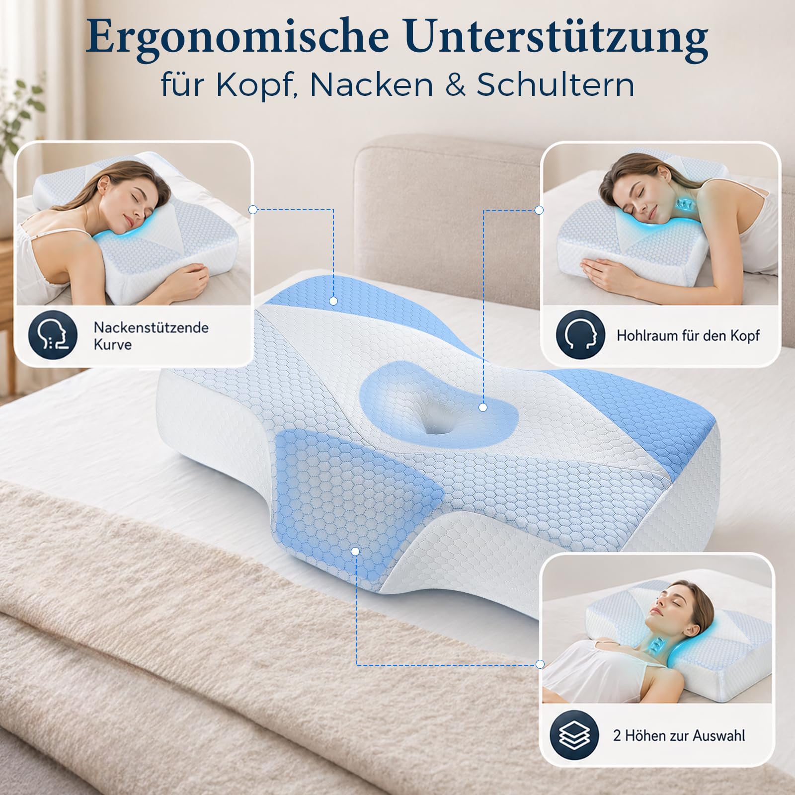 Almohada Cervical de Espuma viscoelástica para Dolor de Cuello y Hombros, Almohada ortopédica ergonómica para Dormir de Lado, Espalda y estómago, Almohada de refrigeración con Soporte para el