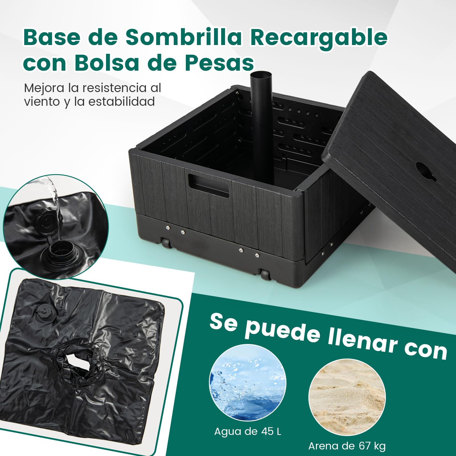 COSTWAY Base Sombrilla con Ruedas, Bandeja De Mesa, Soporte Sombrilla Terraza Exterior Apto para Postes de 38mm 48 mm, 3 en 1 Pie Sombrilla Rellenable de Agua 45L, Arena 67kg, Jardin Patio (Negro)